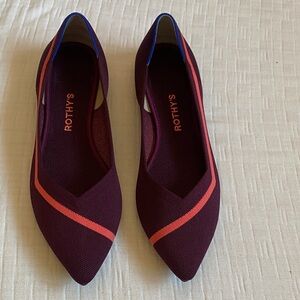 Rothy's Burgundy Pointed Flats with Coral Accent